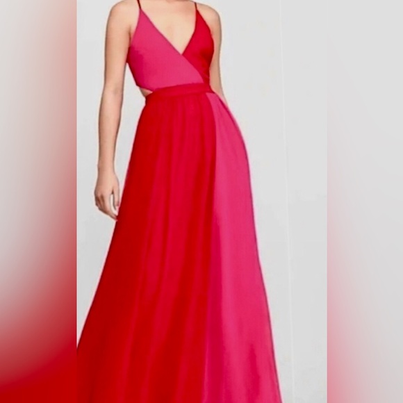 EXPRESS Red & Pink color block maxi dress w/cut outs & lace up back NEW RE $108+ - Picture 3 of 12
